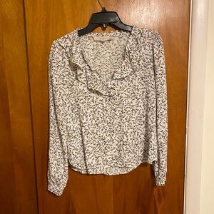 LOFT Women’s Beige and Black Floral Print Ruffle V-Neck Long Sleeves Blouse
